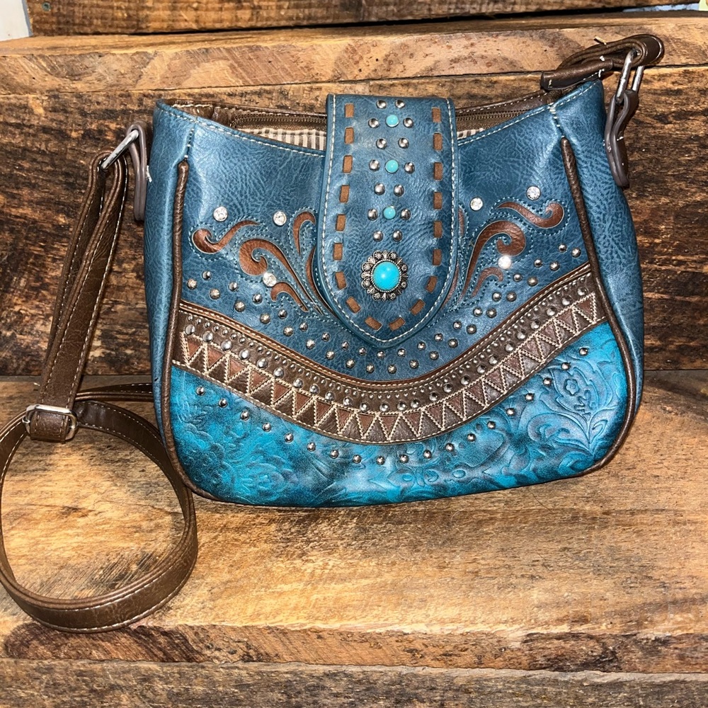 Turquoise and Brown Embellished concealed carry Women's Bag